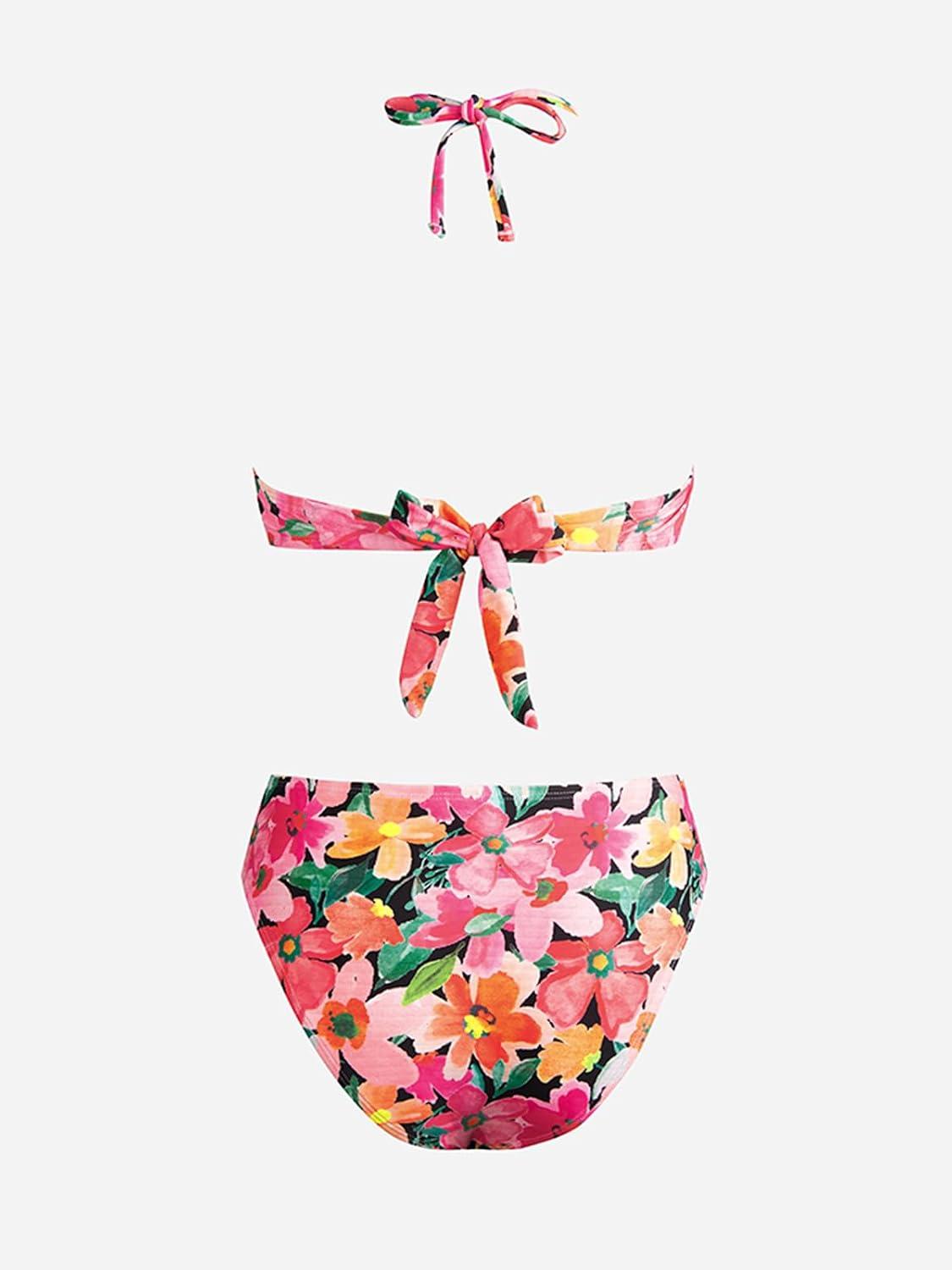 imageCUPSHE Bikini Set for Women Two Piece Swimsuit Bandeau Top Back Tie Mid Waisted Bottom with Removable Shoulder StrapsVibrant Floral Print