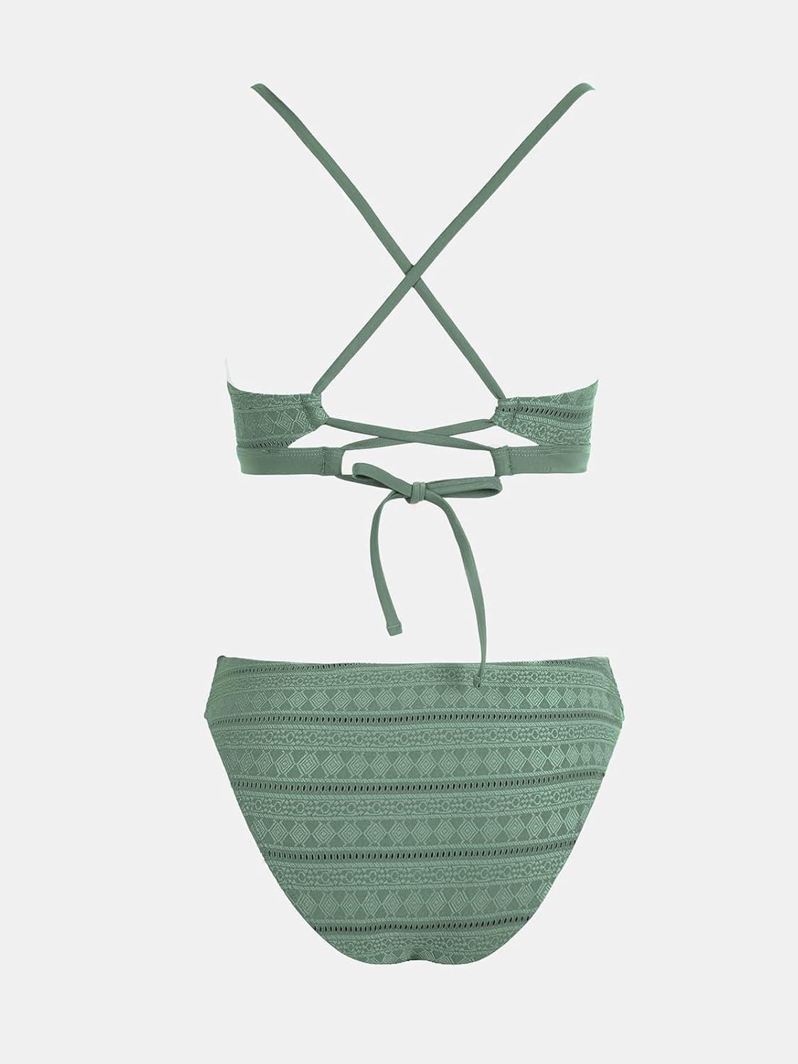 imageCUPSHE Bikini Set for Women Two Piece Swimsuits V Neck Low Rise Crisscross Back Self Tie Spaghetti StrapsDark GreenTextured