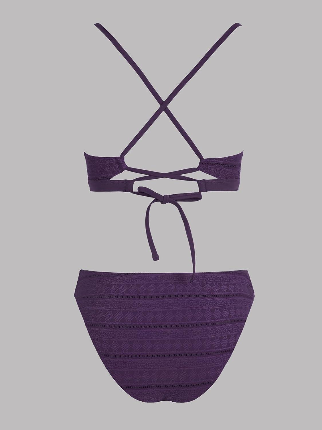 imageCUPSHE Bikini Set for Women Two Piece Swimsuits V Neck Low Rise Crisscross Back Self Tie Spaghetti StrapsDark Purple