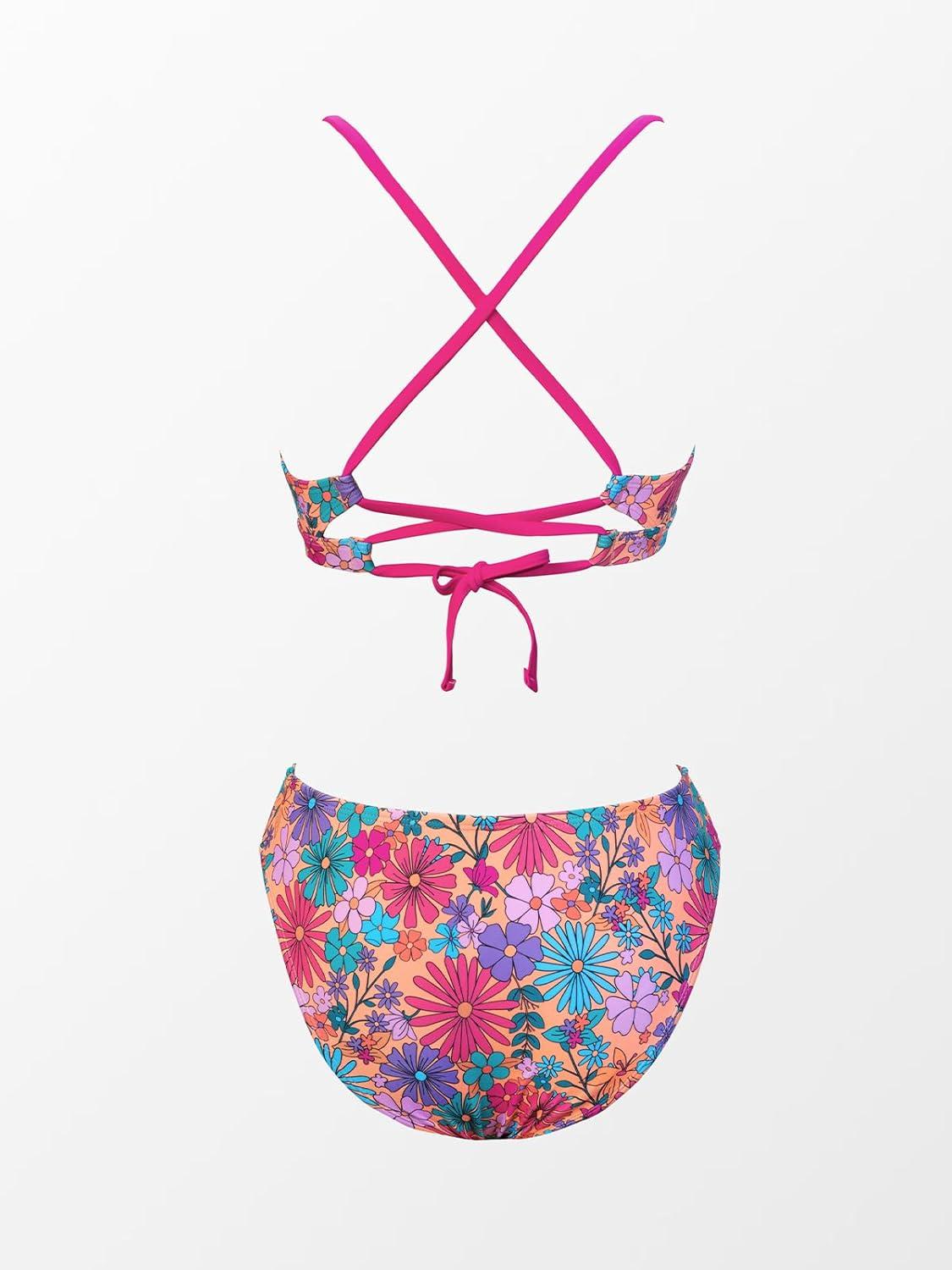 imageCUPSHE Bikini Set for Women Two Piece Swimsuits V Neck Low Rise Crisscross Back Self Tie Spaghetti StrapsPink Floral