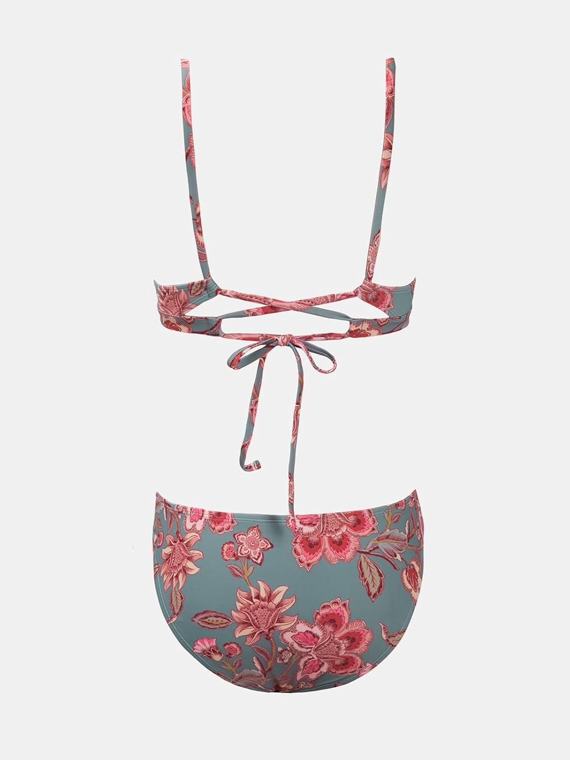 imageCUPSHE Bikini Set for Women Two Piece Swimsuits V Neck Low Rise Crisscross Back Self Tie Spaghetti StrapsRed Floral