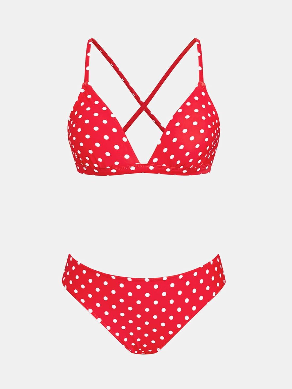 imageCUPSHE Bikini Set for Women Two Piece Swimsuits V Neck Low Rise Crisscross Back Self Tie Spaghetti StrapsRedPolka Dot