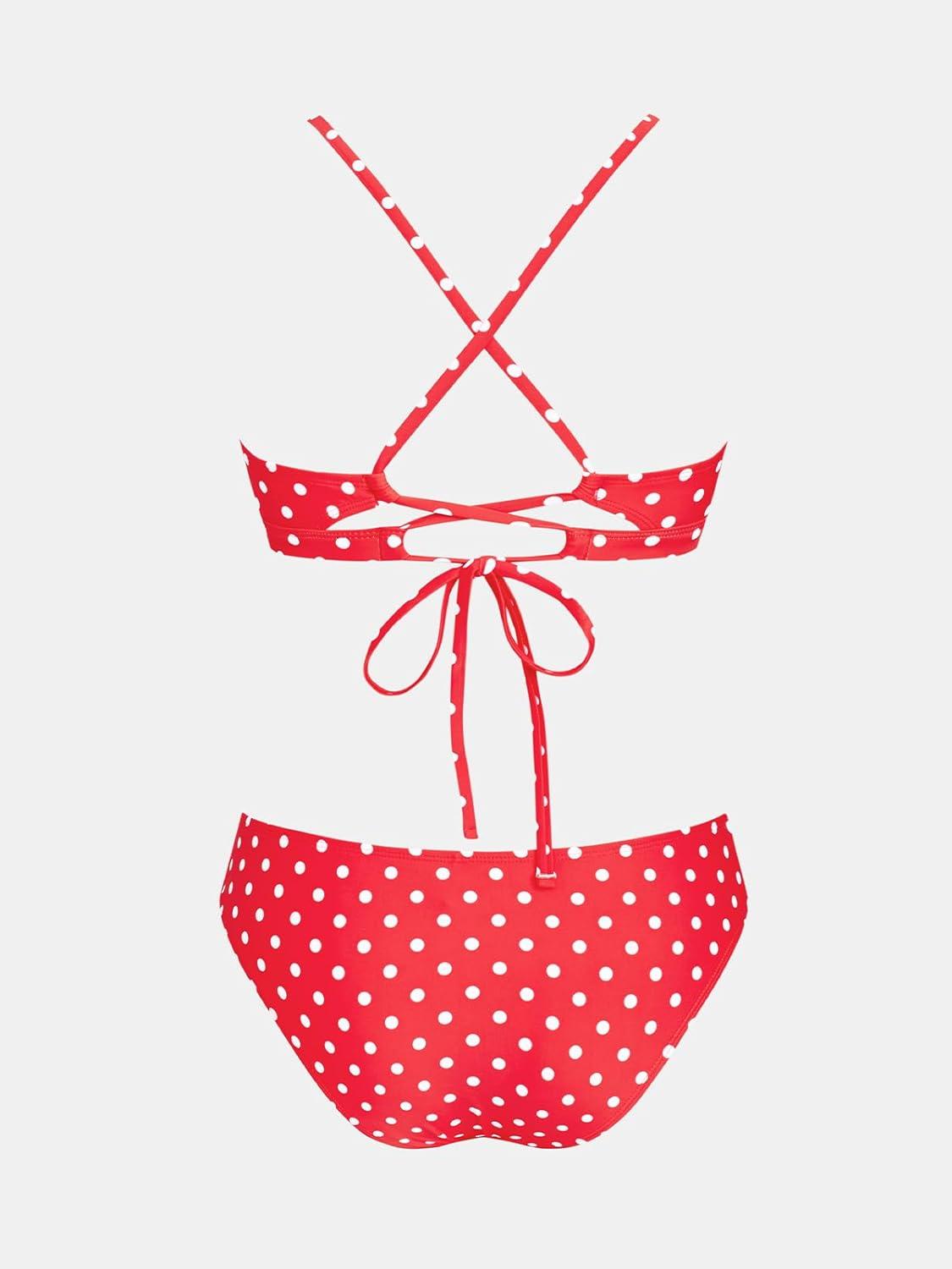 imageCUPSHE Bikini Set for Women Two Piece Swimsuits V Neck Low Rise Crisscross Back Self Tie Spaghetti StrapsRedPolka Dot