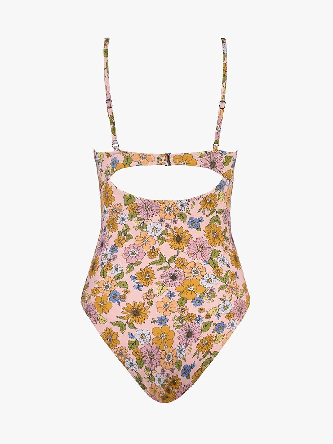 imageCUPSHE One Piece Swimsuit for Women Bathing Suits Twist Front Cutout Adjustable Straps Ruched SwimwearApricot PinkFloral