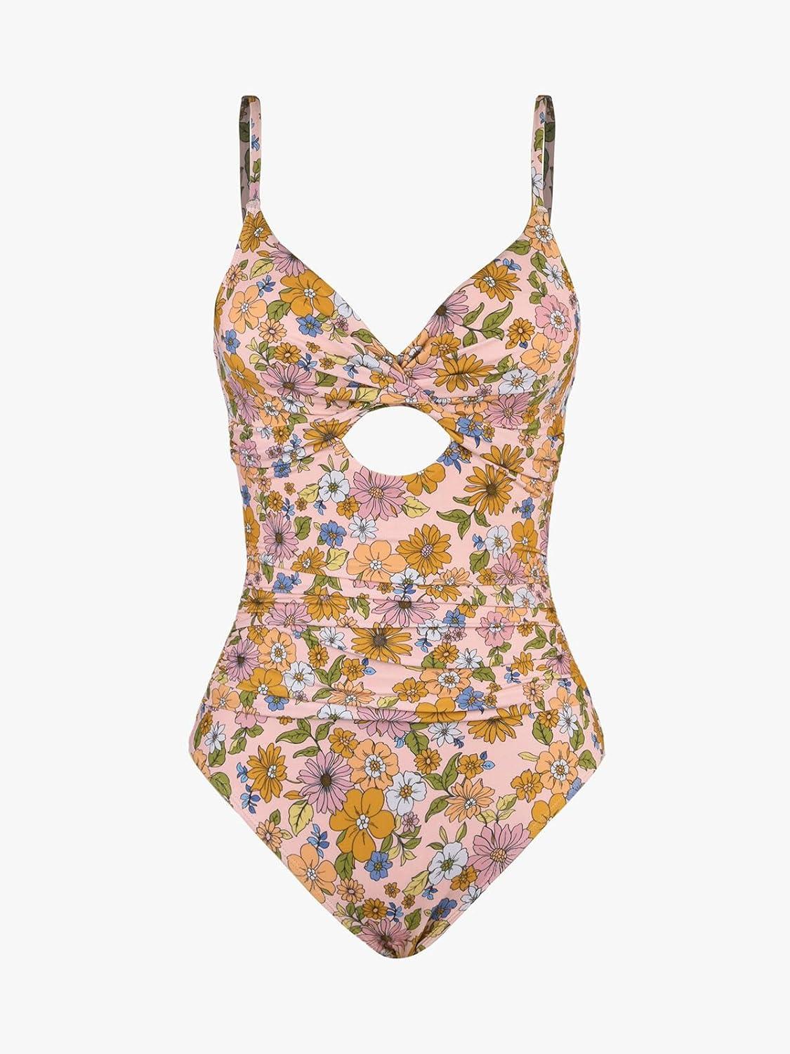 imageCUPSHE One Piece Swimsuit for Women Bathing Suits Twist Front Cutout Adjustable Straps Ruched SwimwearApricot PinkFloral