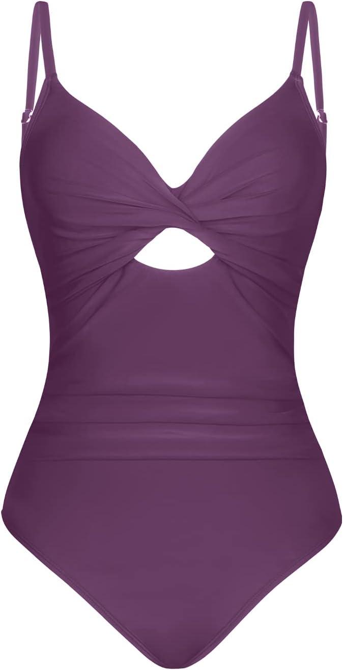 imageCUPSHE One Piece Swimsuit for Women Bathing Suits Twist Front Cutout Adjustable Straps Ruched SwimwearDark Purple