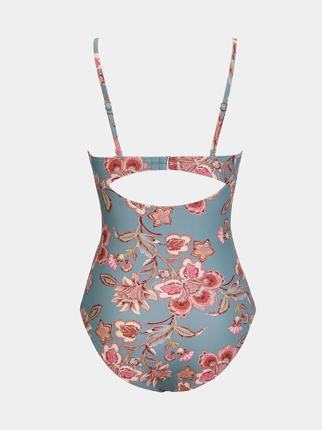 imageCUPSHE One Piece Swimsuit for Women Bathing Suits Twist Front Cutout Adjustable Straps Ruched SwimwearRetro Floral