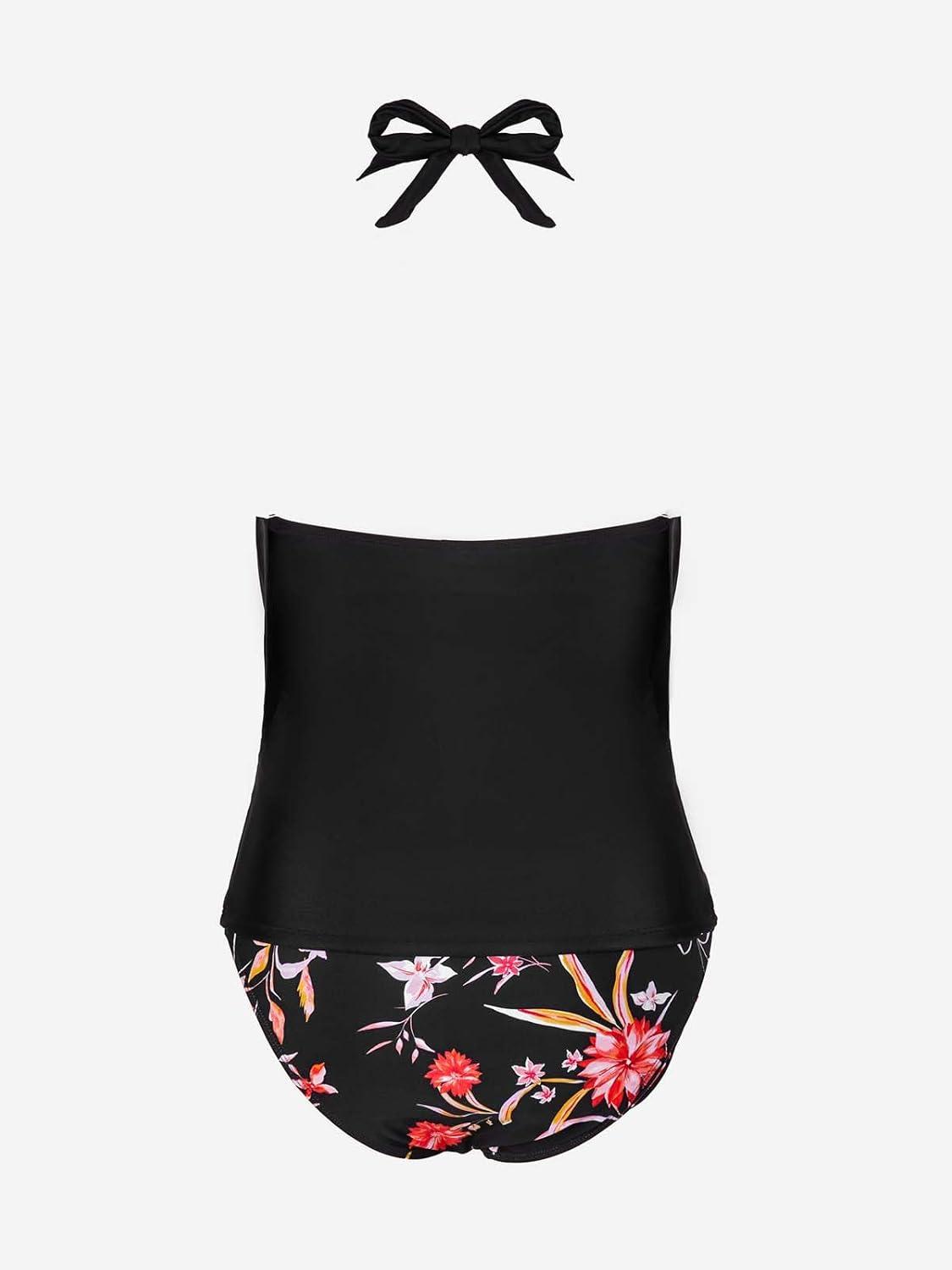 imageCUPSHE Tankini Bathing Suit for Women Halter Deep V Cowl Neck Low Back SwimsuitBlack Tropical