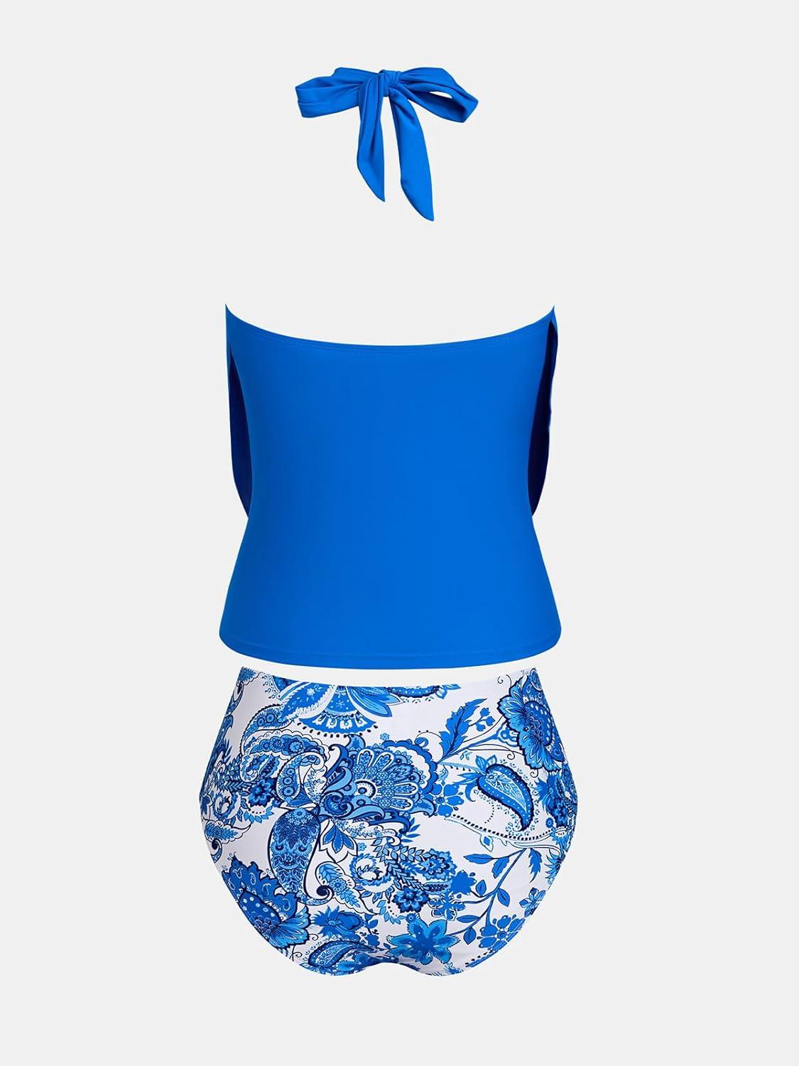 imageCUPSHE Tankini Bathing Suit for Women Halter Deep V Cowl Neck Low Back SwimsuitRoyal BlueFloral