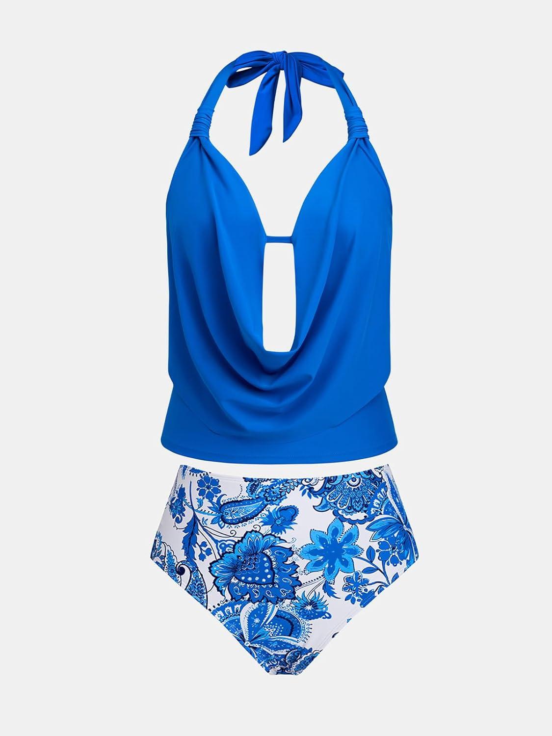 imageCUPSHE Tankini Bathing Suit for Women Halter Deep V Cowl Neck Low Back SwimsuitRoyal BlueFloral