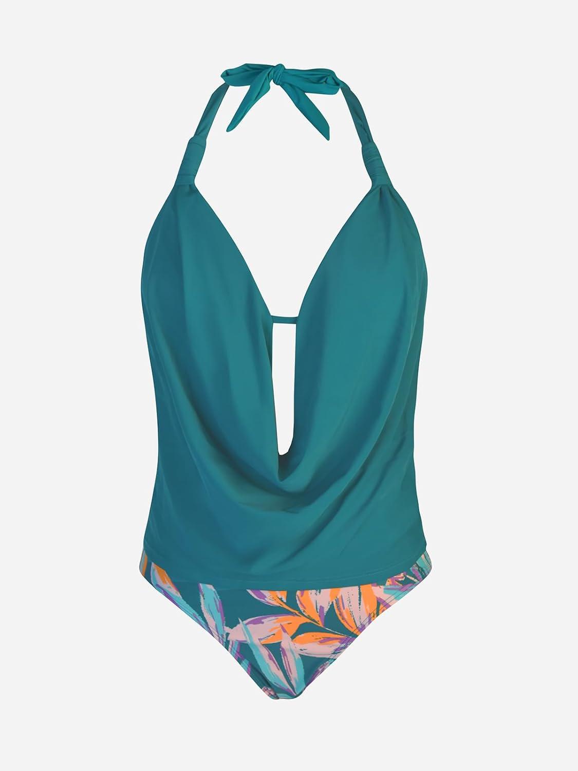 imageCUPSHE Tankini Bathing Suit for Women Halter Deep V Cowl Neck Low Back SwimsuitTeal BlueTropical