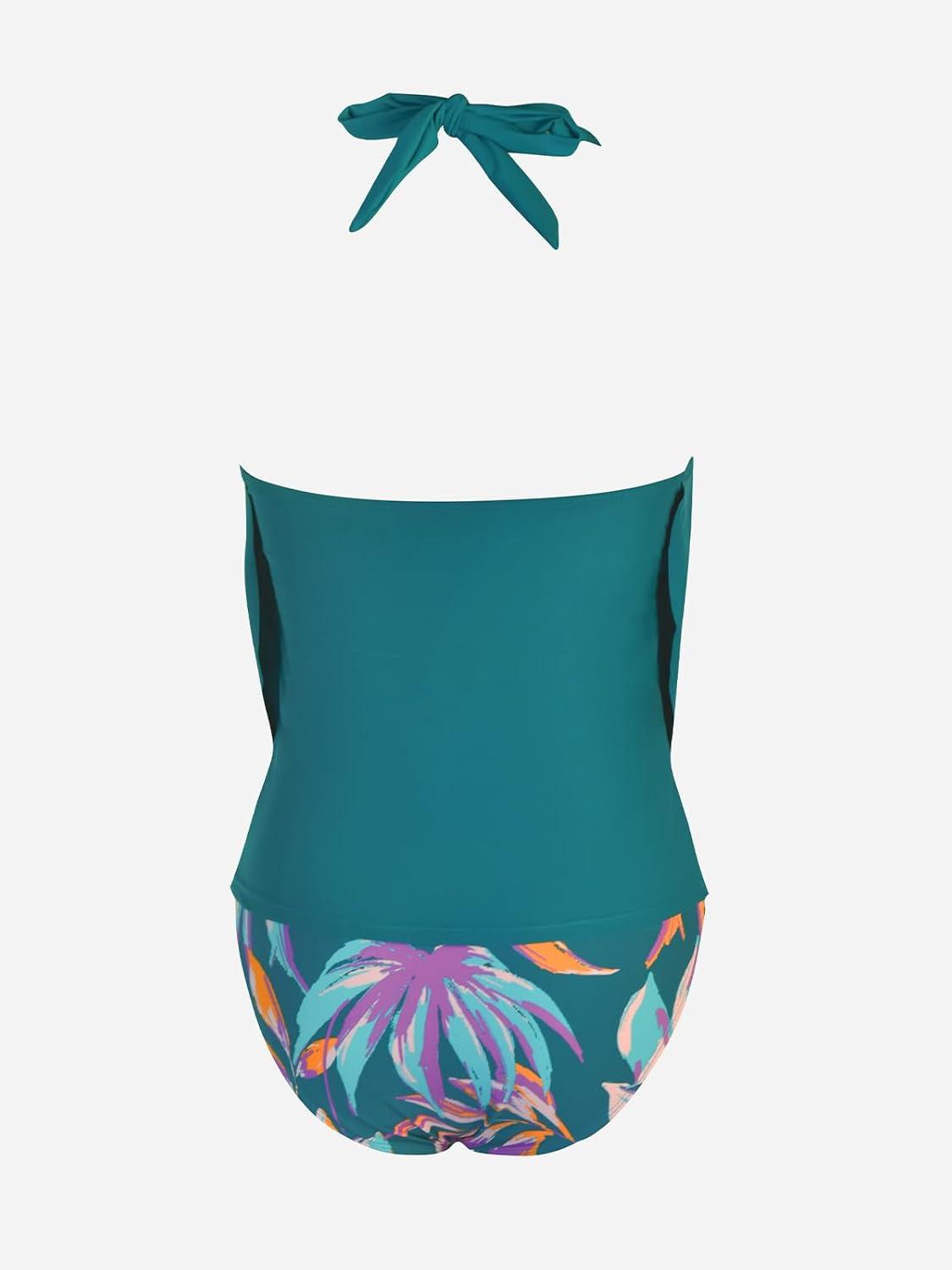 imageCUPSHE Tankini Bathing Suit for Women Halter Deep V Cowl Neck Low Back SwimsuitTeal BlueTropical