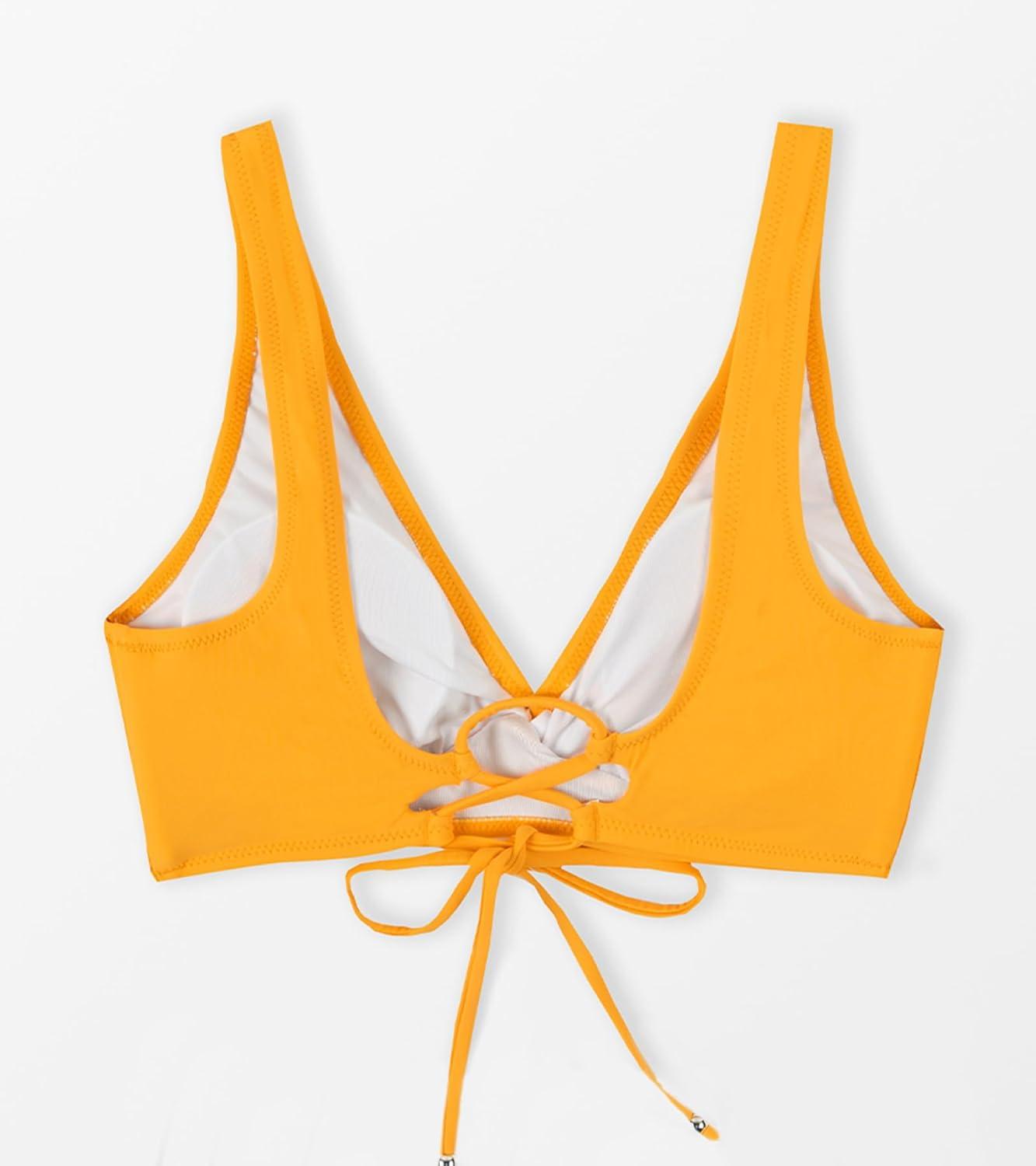 imageCUPSHE Women Swimsuit Bikini Top Wrap Self Tie Bathing Suit with Fixed Wide StrapsBright Yellow