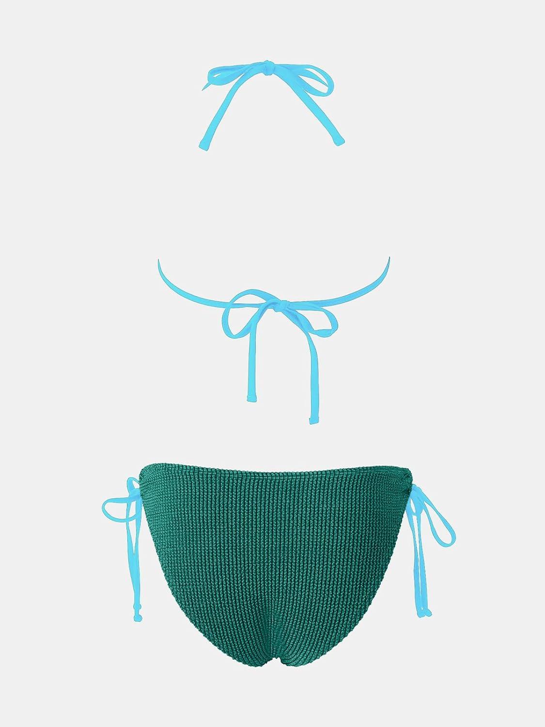 imageCUPSHE Womens Bikini Sets Halter V Neck Self Tied Straps Textured Bathing Suit Low Rise Bottom Side DrawstringTeal