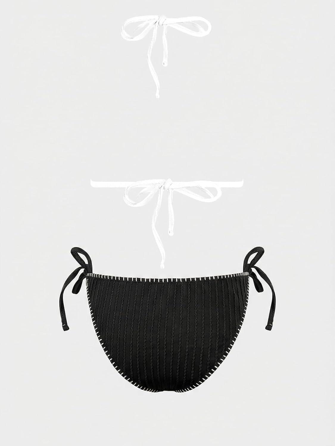 imageCUPSHE Womens Bikini Sets Halter V Neck Triangle Top Bathing Suit Side Tie Drawstring Bottoms Adjustable StrapsWhiteBlack