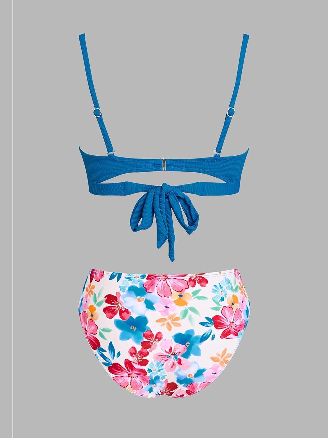 imageCUPSHE Womens Bikini Sets Sweetheart Neck Two Piece Bathing Suit Cutout Textured Adjustable Straps Mid Rise BottomTeal BlueFloral