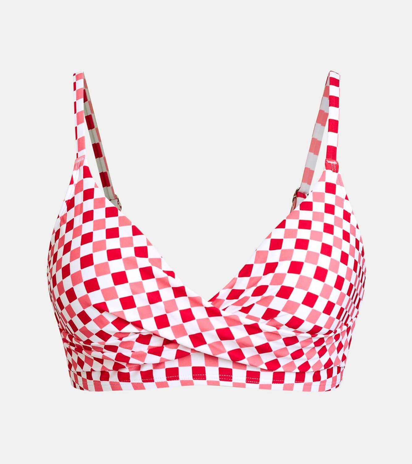 imageCUPSHE Womens Bikini Top Bathing Suit V Neck Adjustable Spaghetti Straps Twist FrontRed Gingham