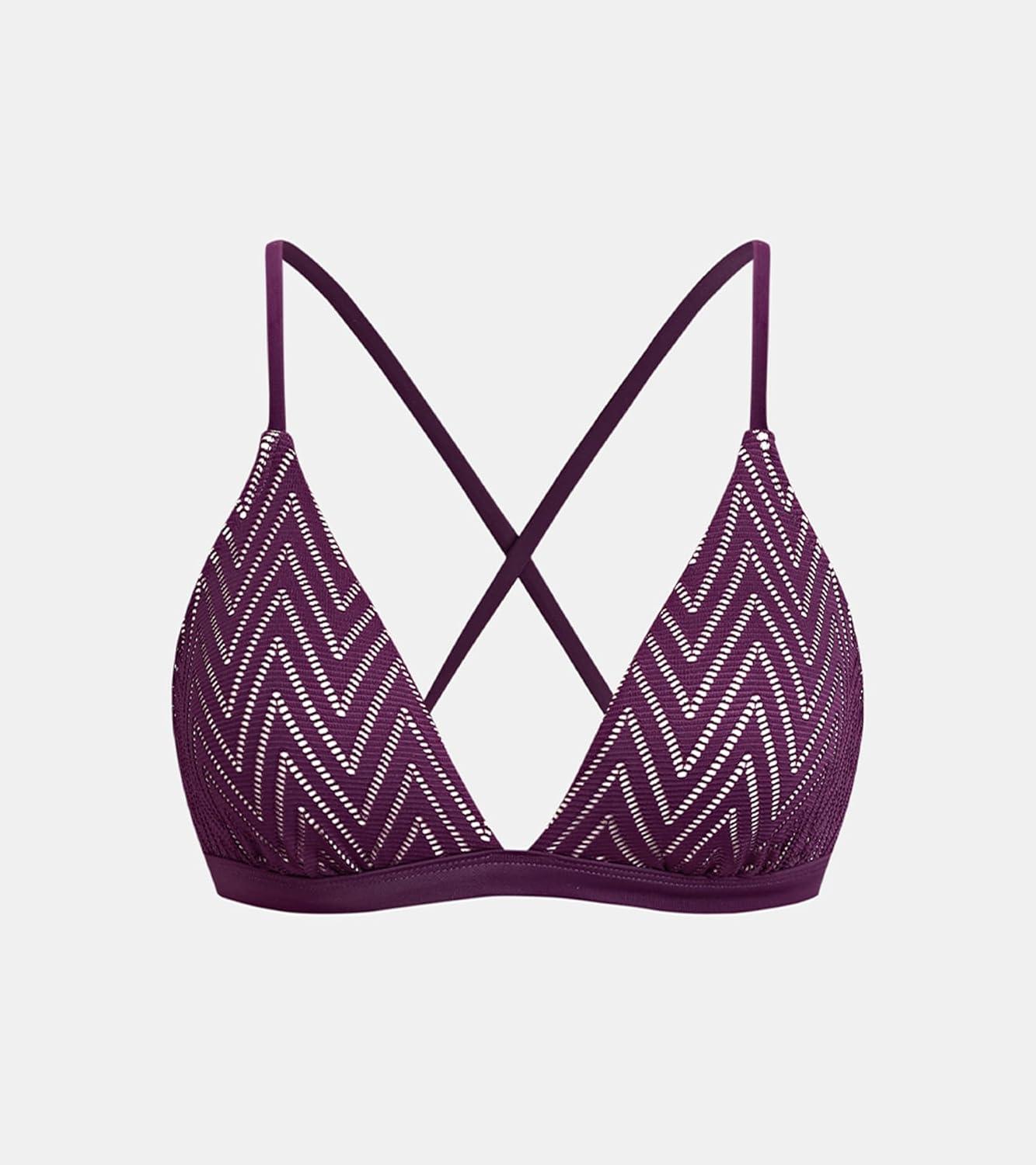 imageCUPSHE Womens Bikini Top V Neck Triangle Top Crisscross Back Self Tie Spaghetti StrapsDark PurpleStriped