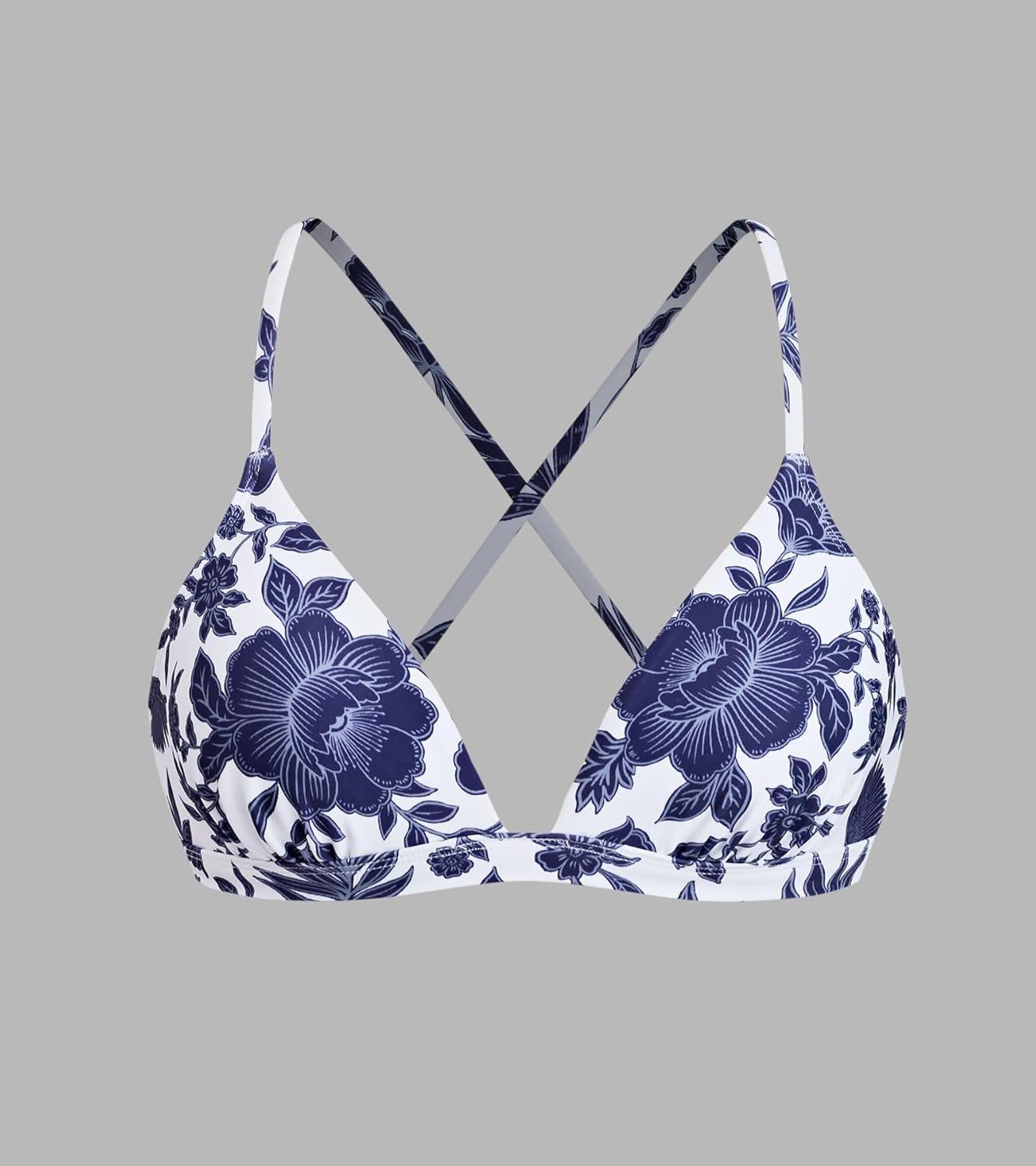 imageCUPSHE Womens Bikini Top V Neck Triangle Top Crisscross Back Self Tie Spaghetti StrapsWhiteNavy Floral