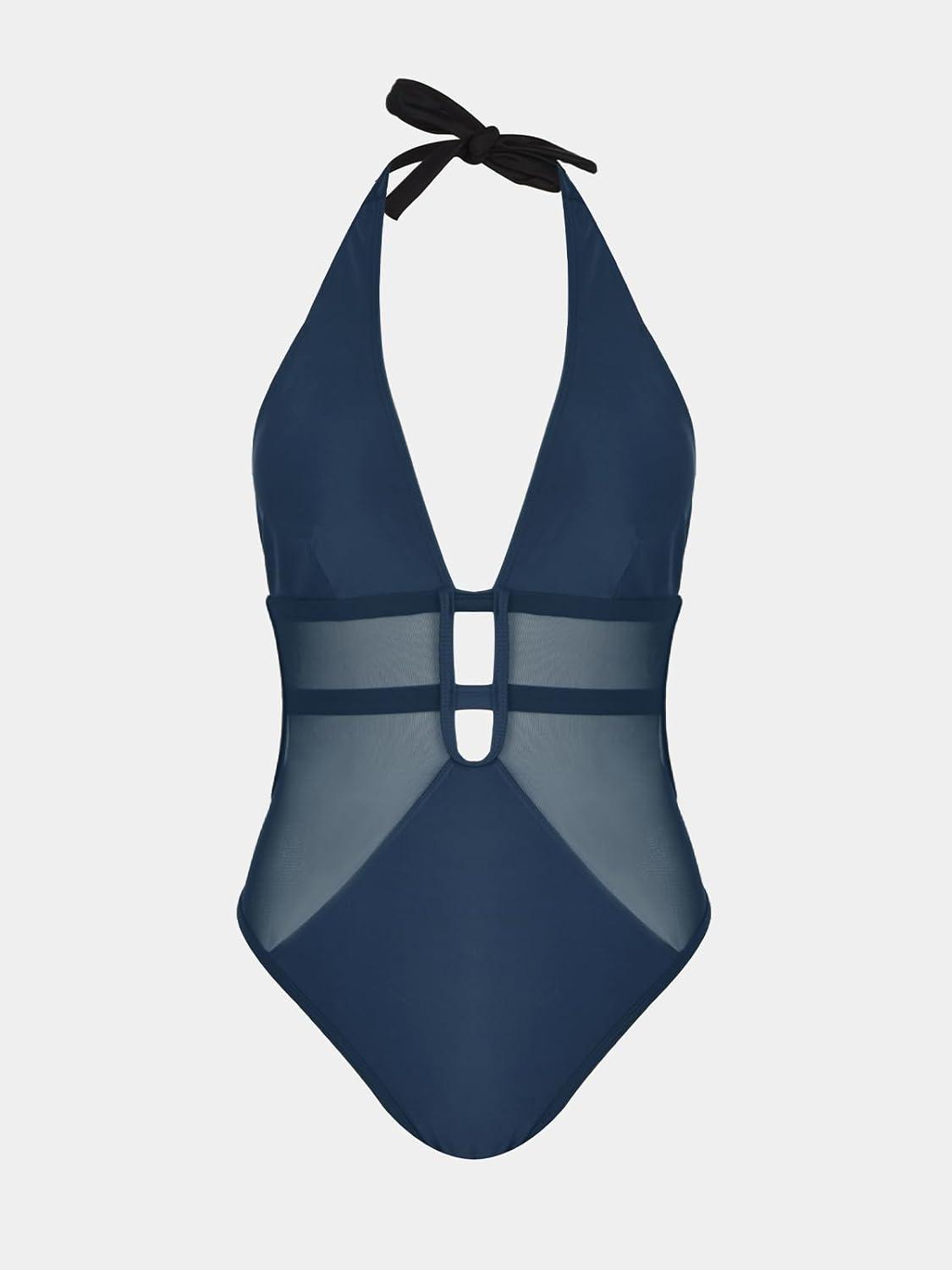 imageCUPSHE Womens One Piece Swimsuit Bathing Suit Deep V Neck Halter Back Tie Mesh SwimwearBlue