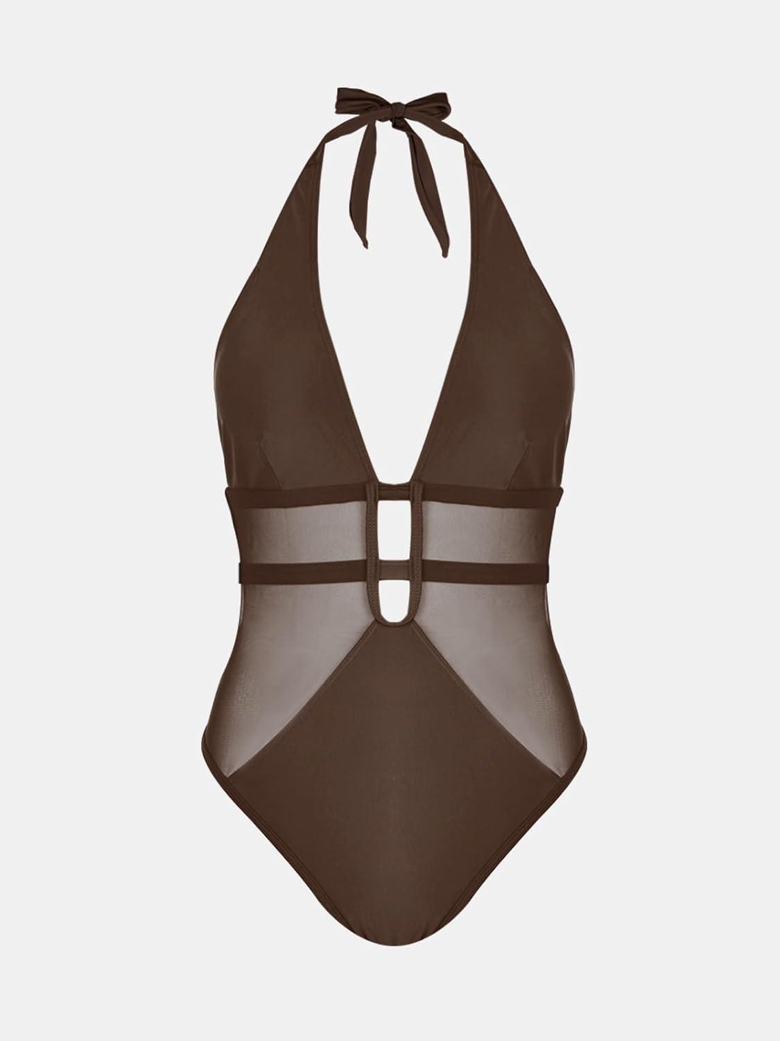imageCUPSHE Womens One Piece Swimsuit Bathing Suit Deep V Neck Halter Back Tie Mesh SwimwearBrown