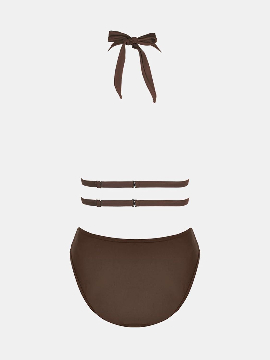 imageCUPSHE Womens One Piece Swimsuit Bathing Suit Deep V Neck Halter Back Tie Mesh SwimwearBrown