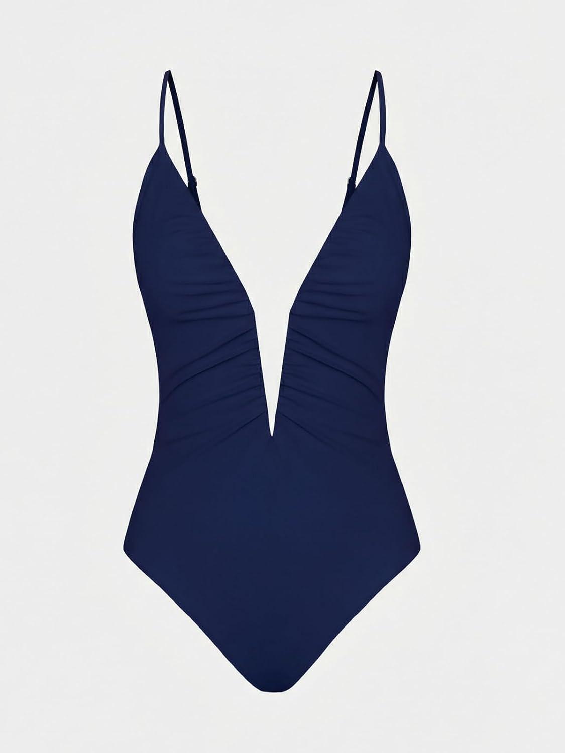 imageCUPSHE Womens One Piece Swimsuit Deep V Wire Push Up Bathing Suit Tummy Control Retro Slimming Swimwear RuchedNavy Blue