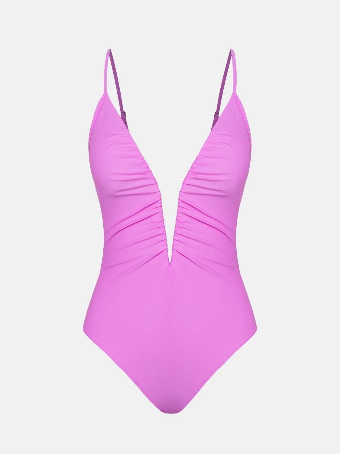 imageCUPSHE Womens One Piece Swimsuit Deep V Wire Push Up Bathing Suit Tummy Control Retro Slimming Swimwear RuchedSolid Pink