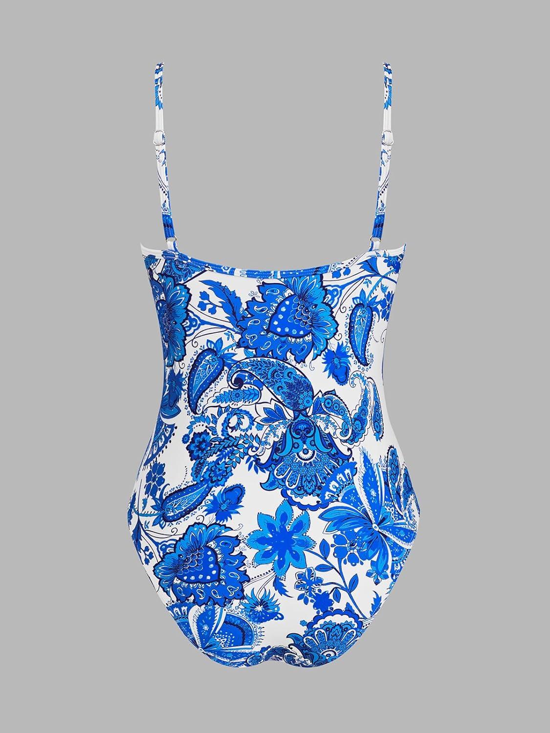 imageCUPSHE Womens One Piece Swimsuit Deep V Wire Push Up Bathing Suit Tummy Control Retro Slimming Swimwear RuchedWhiteBlue Paisley