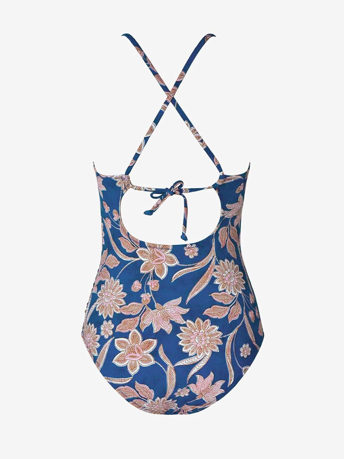 imageCUPSHE Womens One Piece Swimsuit High Neck Tummy Control Swimwear Bathing SuitDark Blue Floral
