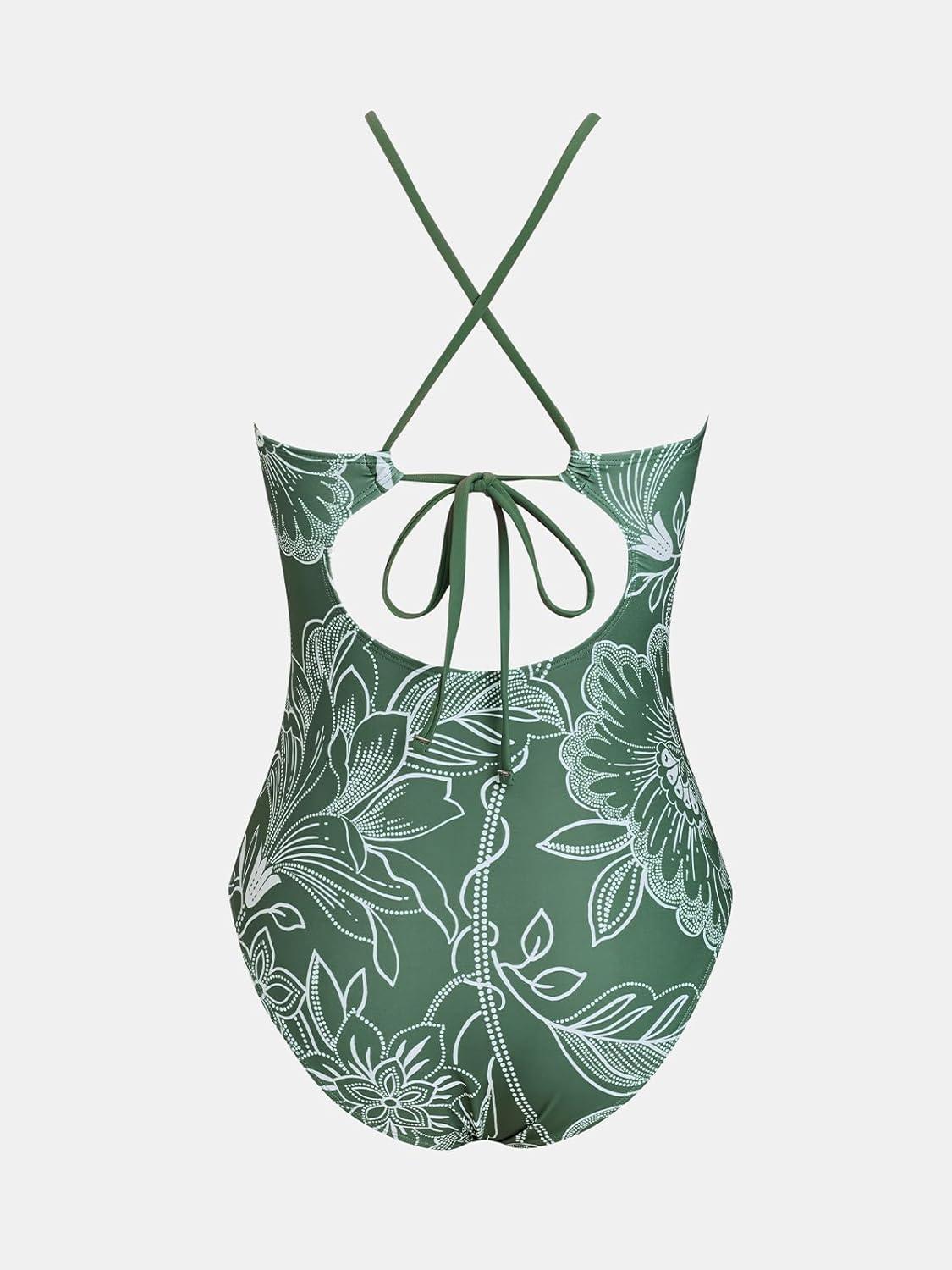 imageCUPSHE Womens One Piece Swimsuit High Neck Tummy Control Swimwear Bathing SuitOlive GreenFloral