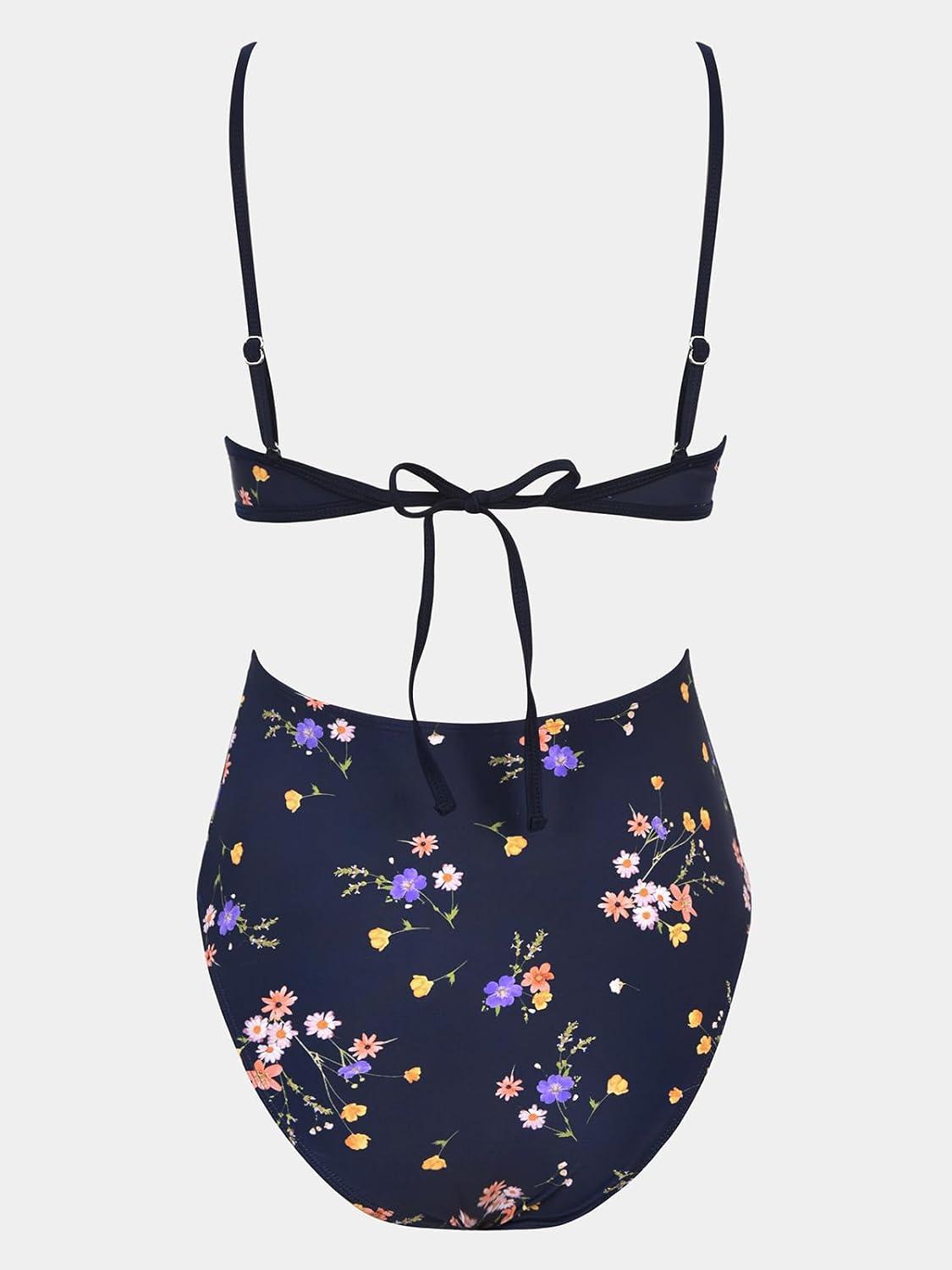 imageCUPSHE Womens One Piece Swimsuit Scoop Neck Adjustable Straps Cutout Back Self Tie Bathing SuitNavy BlueFloral