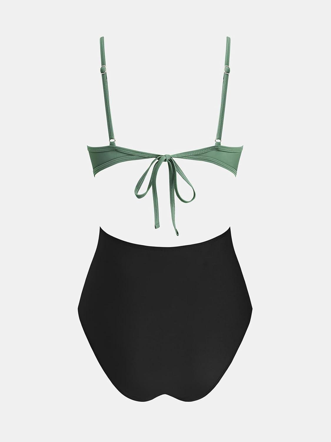 imageCUPSHE Womens One Piece Swimsuit Scoop Neck Adjustable Straps Cutout Back Self Tie Bathing SuitOlive GreenBlack