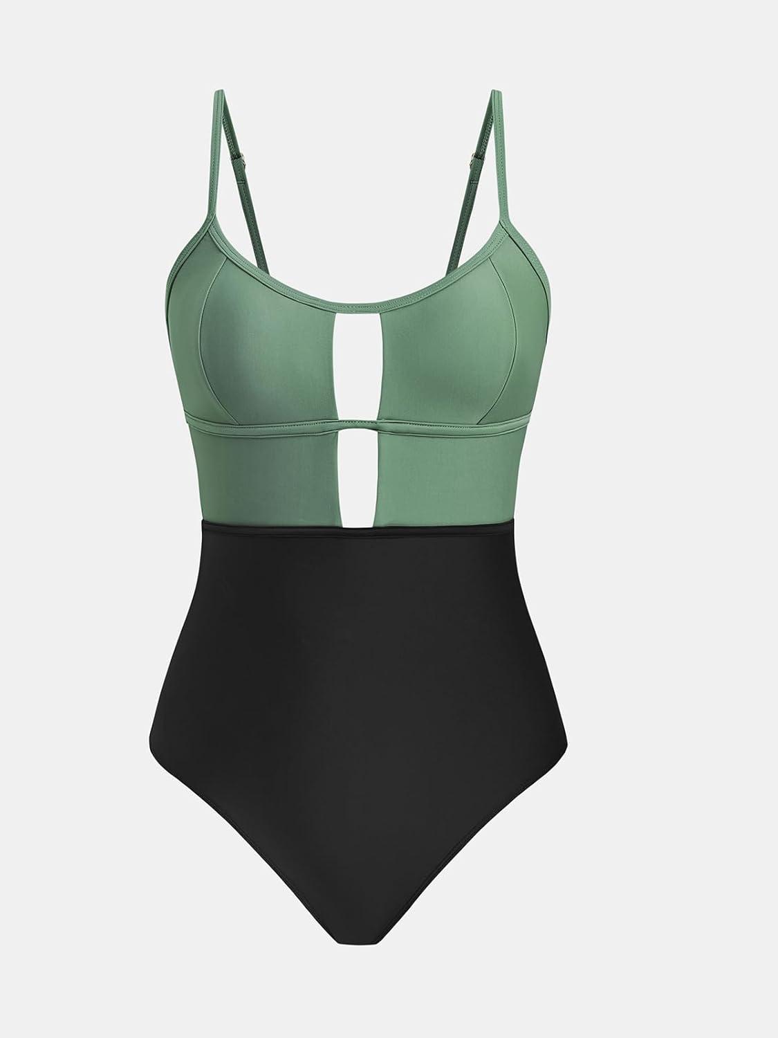 imageCUPSHE Womens One Piece Swimsuit Scoop Neck Adjustable Straps Cutout Back Self Tie Bathing SuitOlive GreenBlack