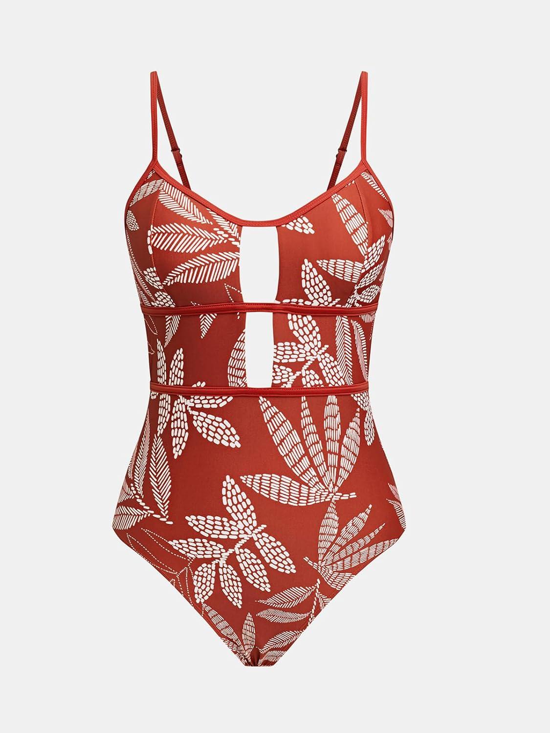 imageCUPSHE Womens One Piece Swimsuit Scoop Neck Adjustable Straps Cutout Back Self Tie Bathing SuitRedBeige Tropical