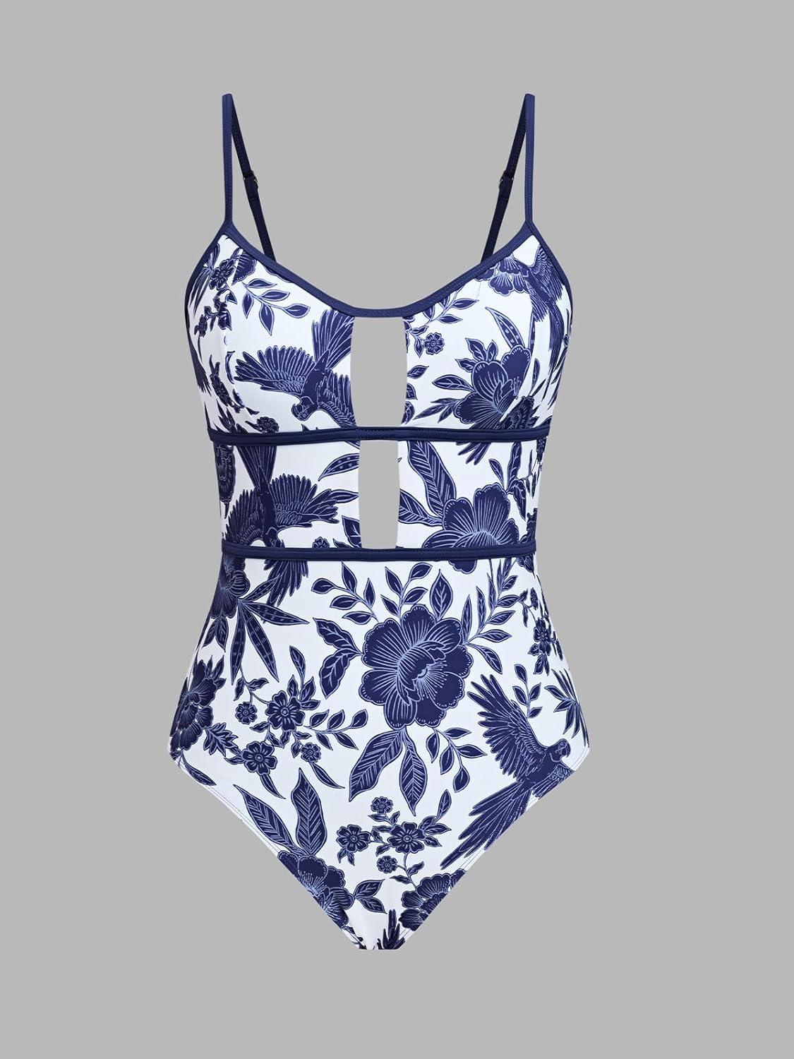 imageCUPSHE Womens One Piece Swimsuit Scoop Neck Adjustable Straps Cutout Back Self Tie Bathing SuitWhiteNavy Floral