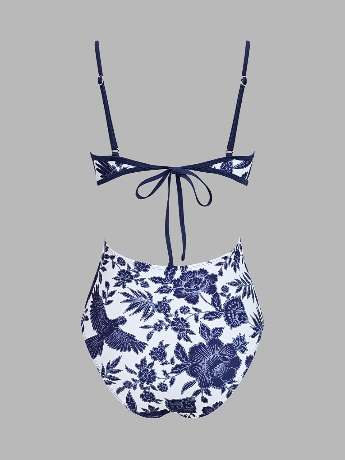 imageCUPSHE Womens One Piece Swimsuit Scoop Neck Adjustable Straps Cutout Back Self Tie Bathing SuitWhiteNavy Floral
