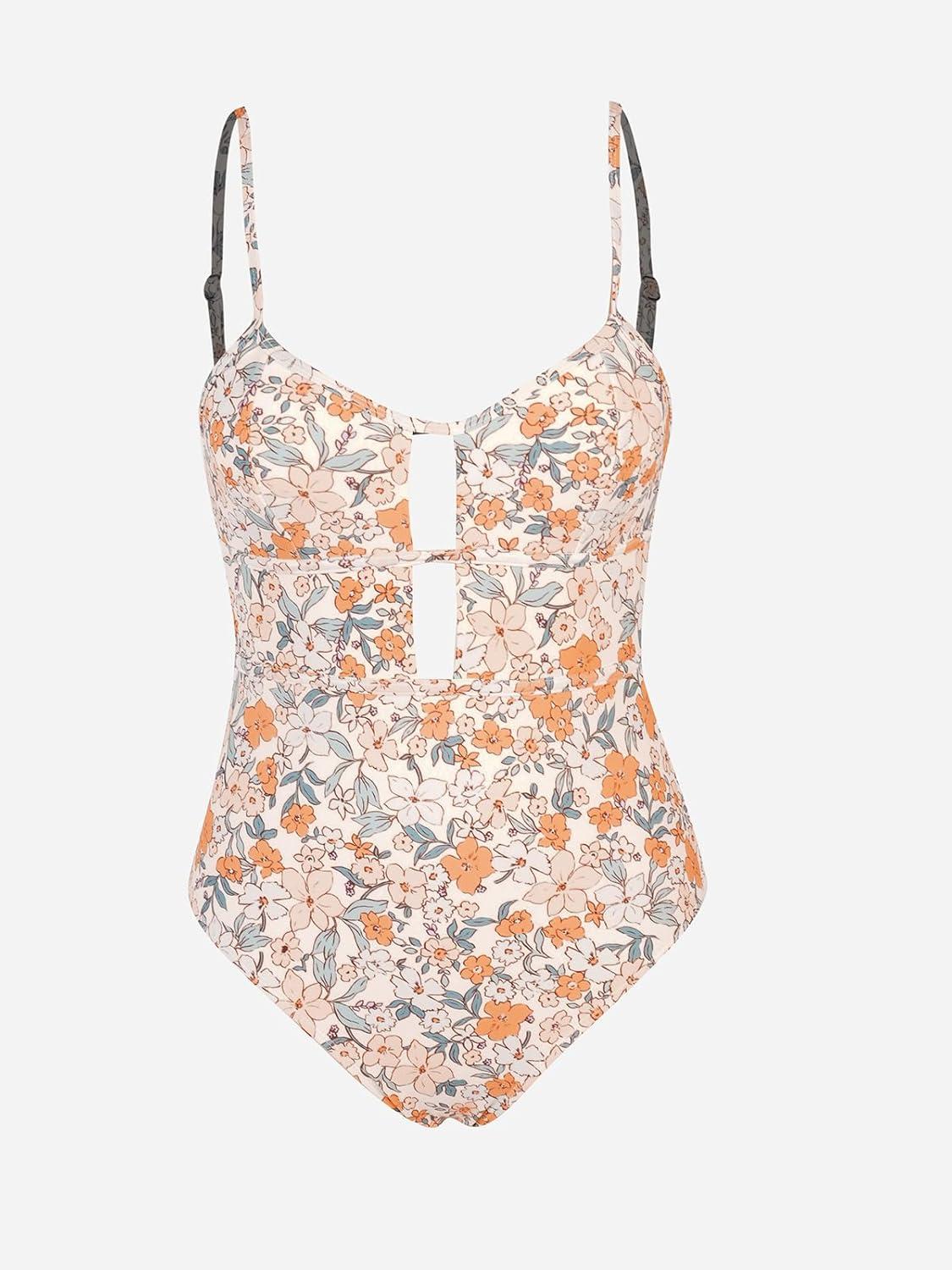 imageCUPSHE Womens One Piece Swimsuit Scoop Neck Adjustable Straps Cutout Back Self Tie Bathing SuitYellowDitsy Floral