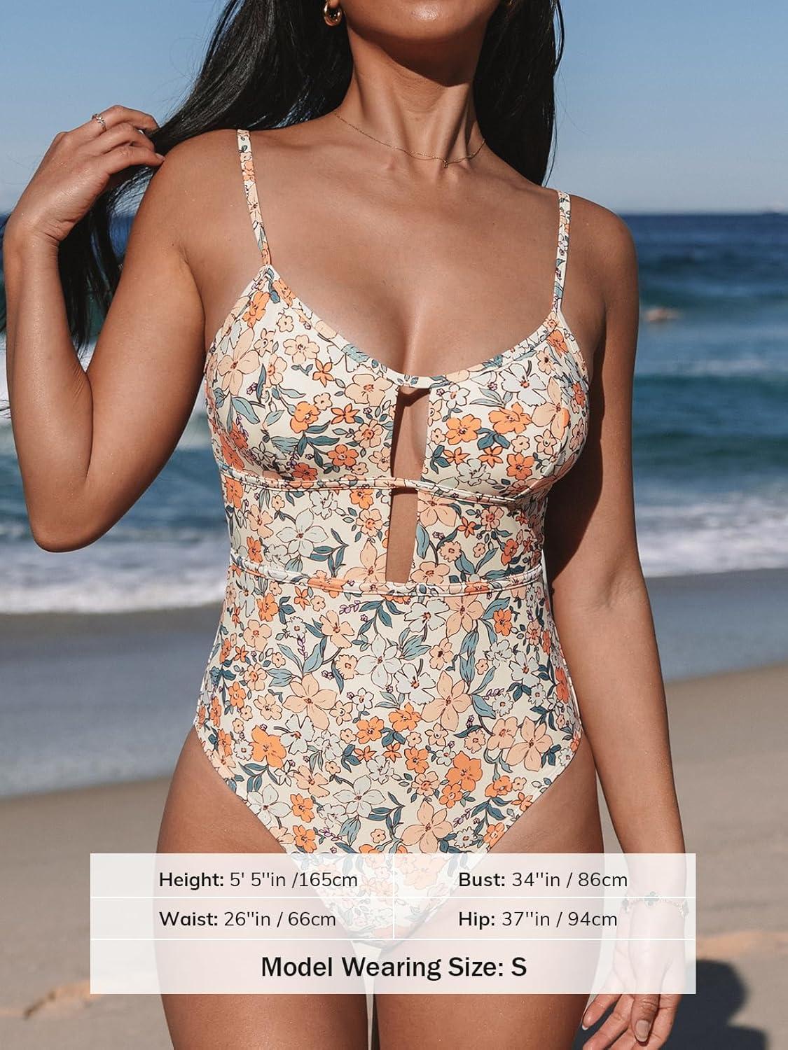 imageCUPSHE Womens One Piece Swimsuit Scoop Neck Adjustable Straps Cutout Back Self Tie Bathing SuitYellowDitsy Floral