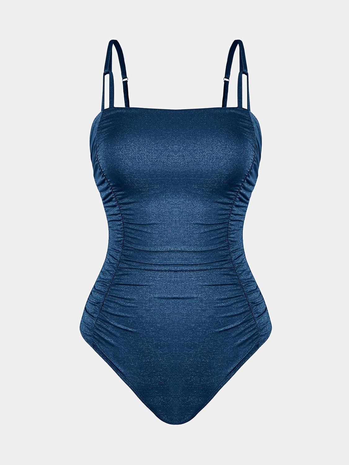 imageCUPSHE Womens One Piece Swimsuit Tummy Control Square Neck Bathing Suit Ruched Adjustable StrapsAzure Blue