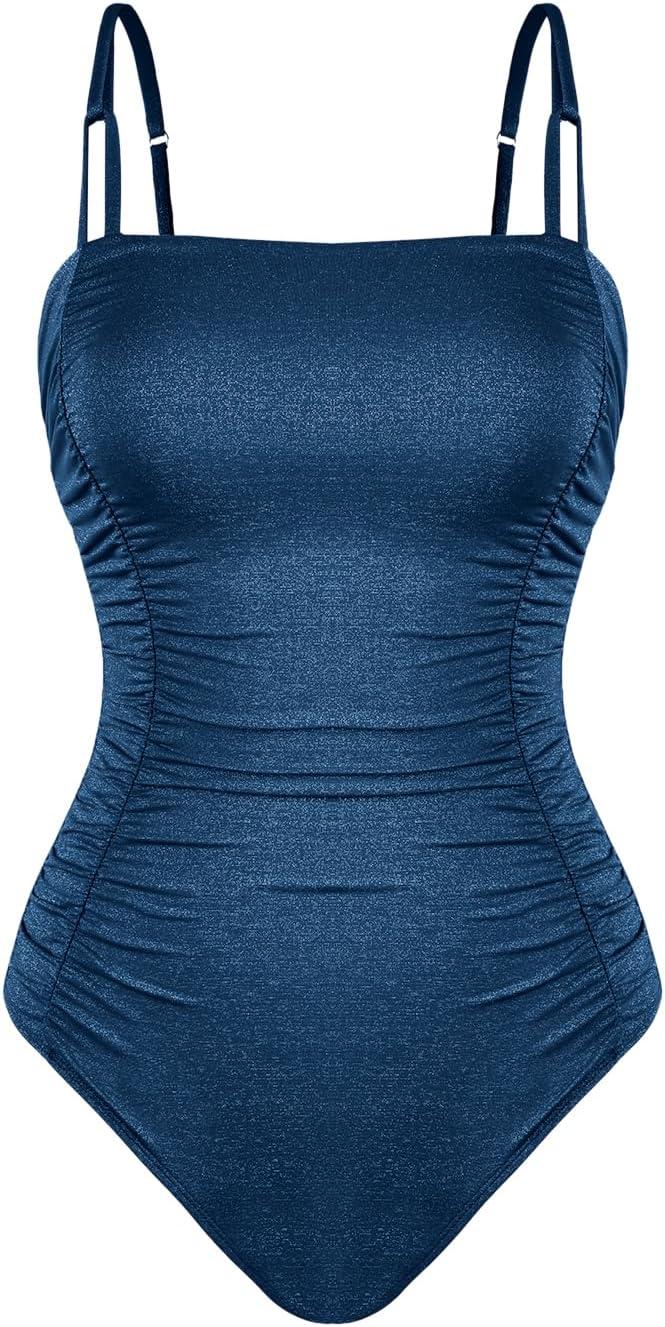 imageCUPSHE Womens One Piece Swimsuit Tummy Control Square Neck Bathing Suit Ruched Adjustable StrapsAzure Blue