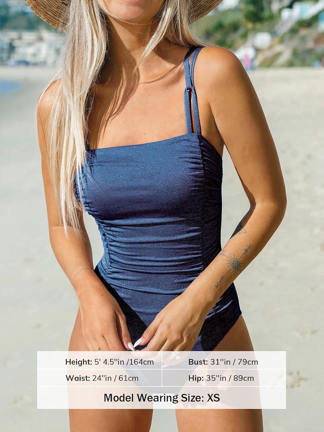 imageCUPSHE Womens One Piece Swimsuit Tummy Control Square Neck Bathing Suit Ruched Adjustable StrapsAzure Blue