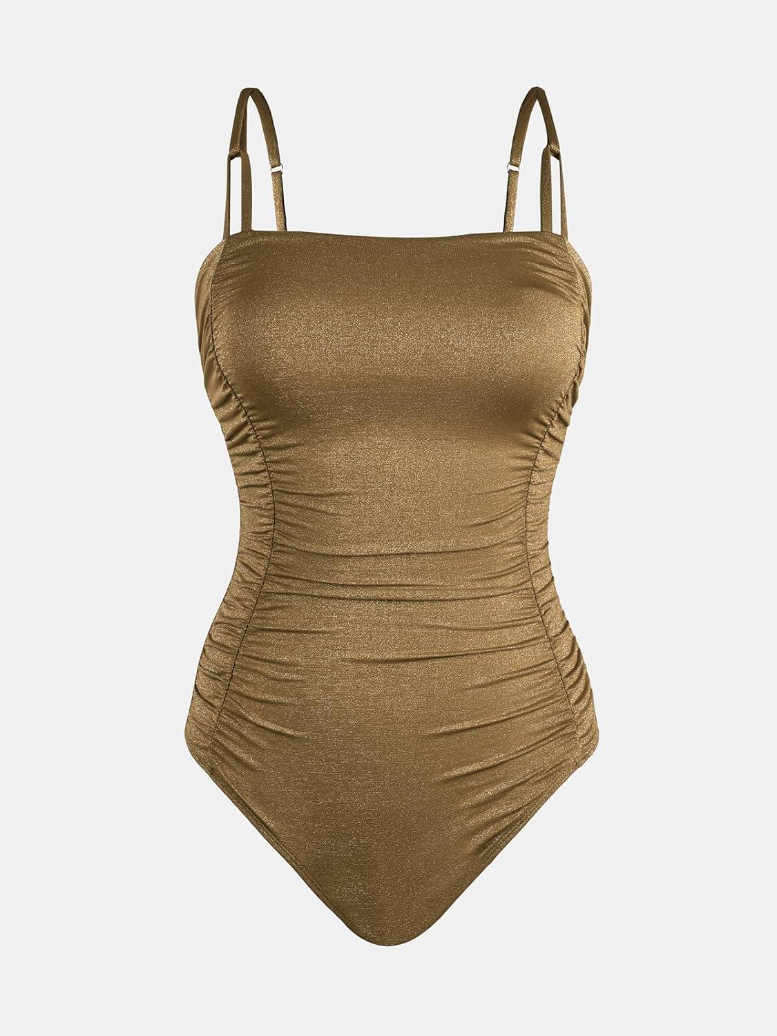 imageCUPSHE Womens One Piece Swimsuit Tummy Control Square Neck Bathing Suit Ruched Adjustable StrapsGolden Brown