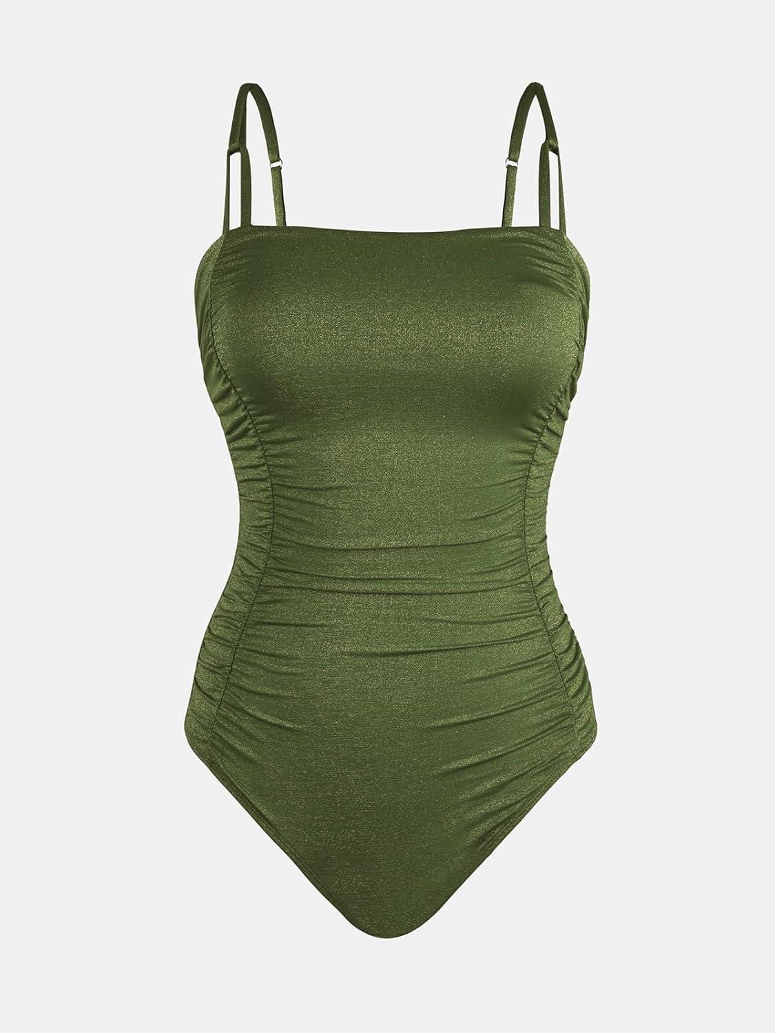 imageCUPSHE Womens One Piece Swimsuit Tummy Control Square Neck Bathing Suit Ruched Adjustable StrapsOlive Green