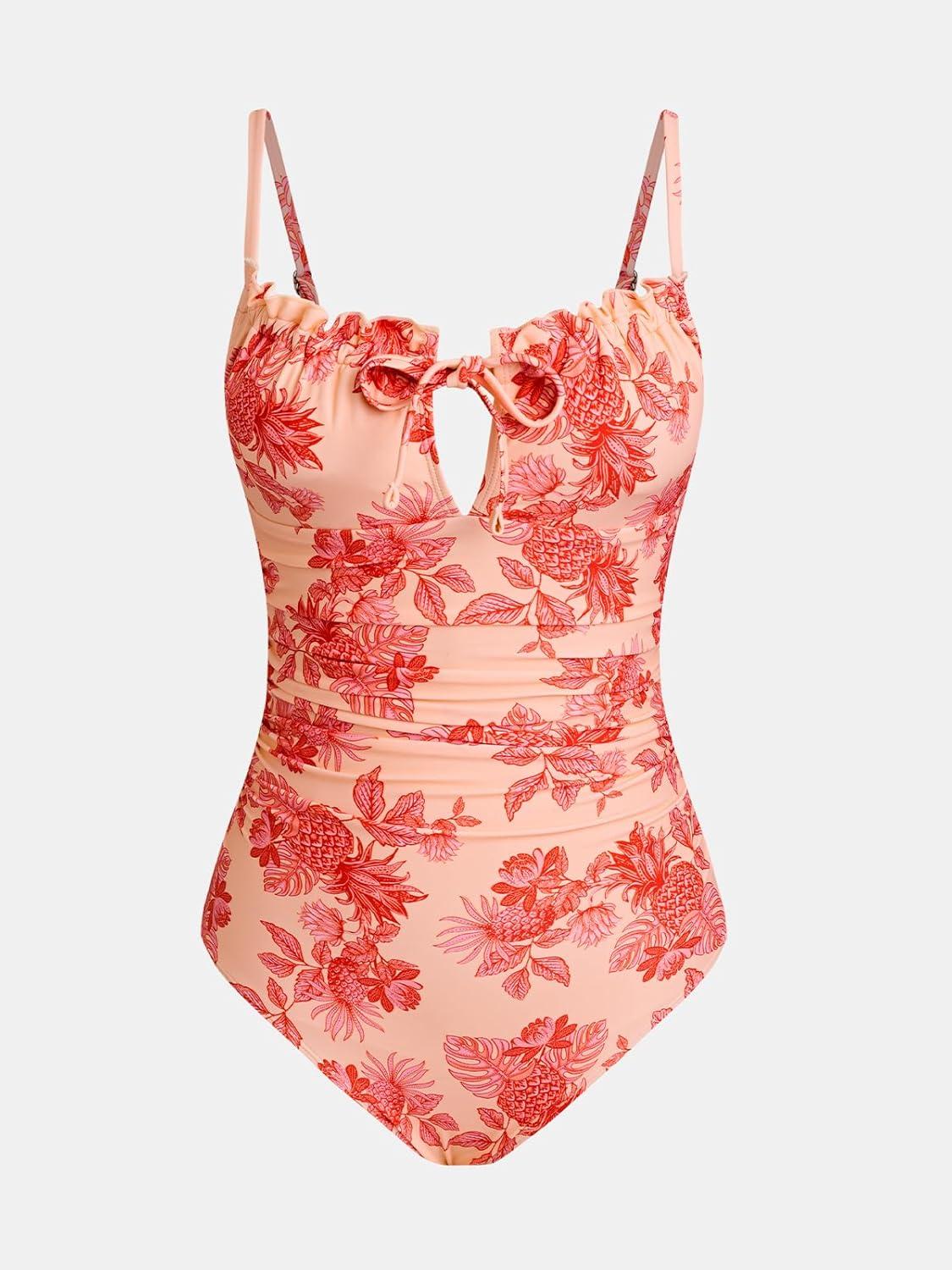 imageCUPSHE Womens One Piece Swimsuit V Neck Bathing Suit Tummy Control Drawstring Back Hook Adjustable StrapsCoralRed Tropical