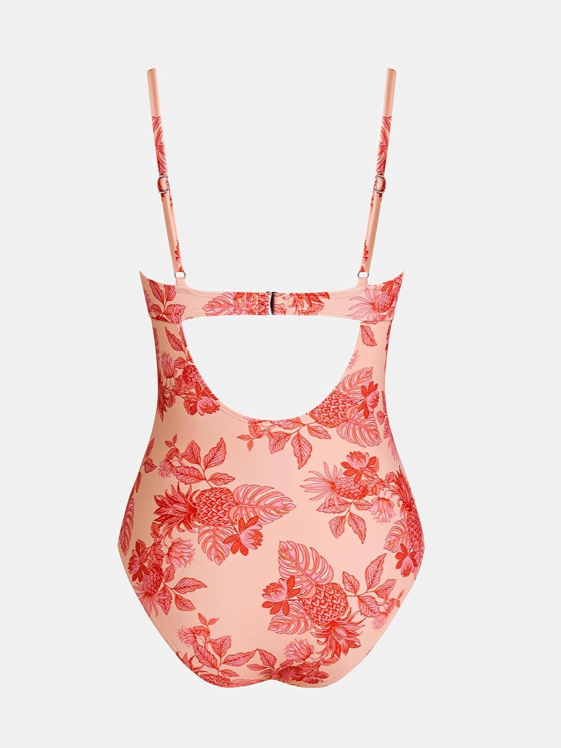 imageCUPSHE Womens One Piece Swimsuit V Neck Bathing Suit Tummy Control Drawstring Back Hook Adjustable StrapsCoralRed Tropical