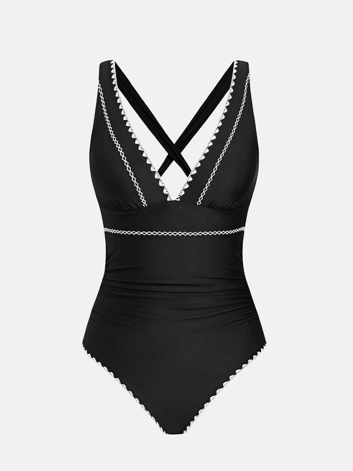 imageCUPSHE Womens One Piece Swimsuit V Neck Shell Stitched Bathing Suit Adjustable Crisscross Strappy Ruched SwimwearBlack