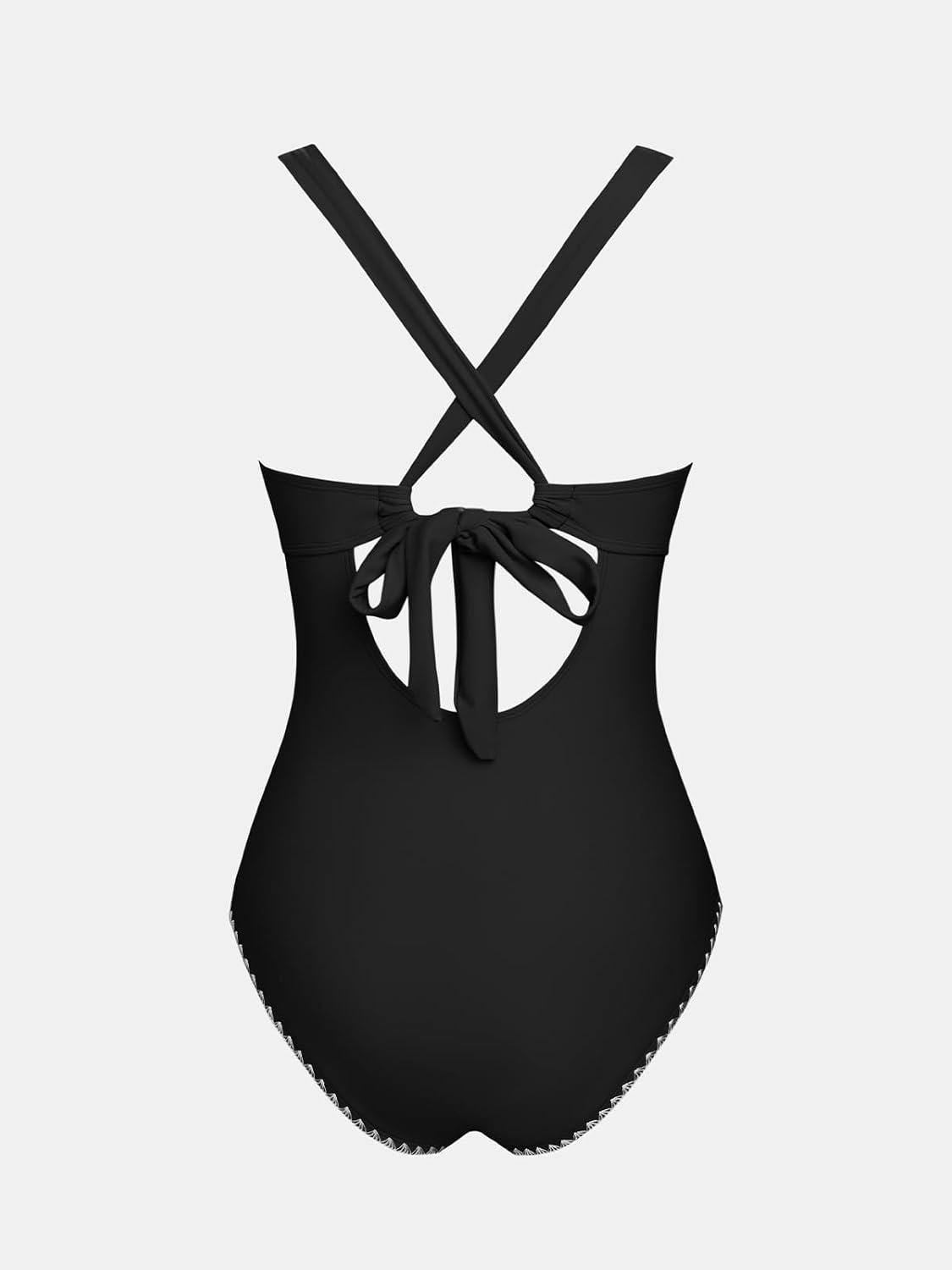 imageCUPSHE Womens One Piece Swimsuit V Neck Shell Stitched Bathing Suit Adjustable Crisscross Strappy Ruched SwimwearBlack