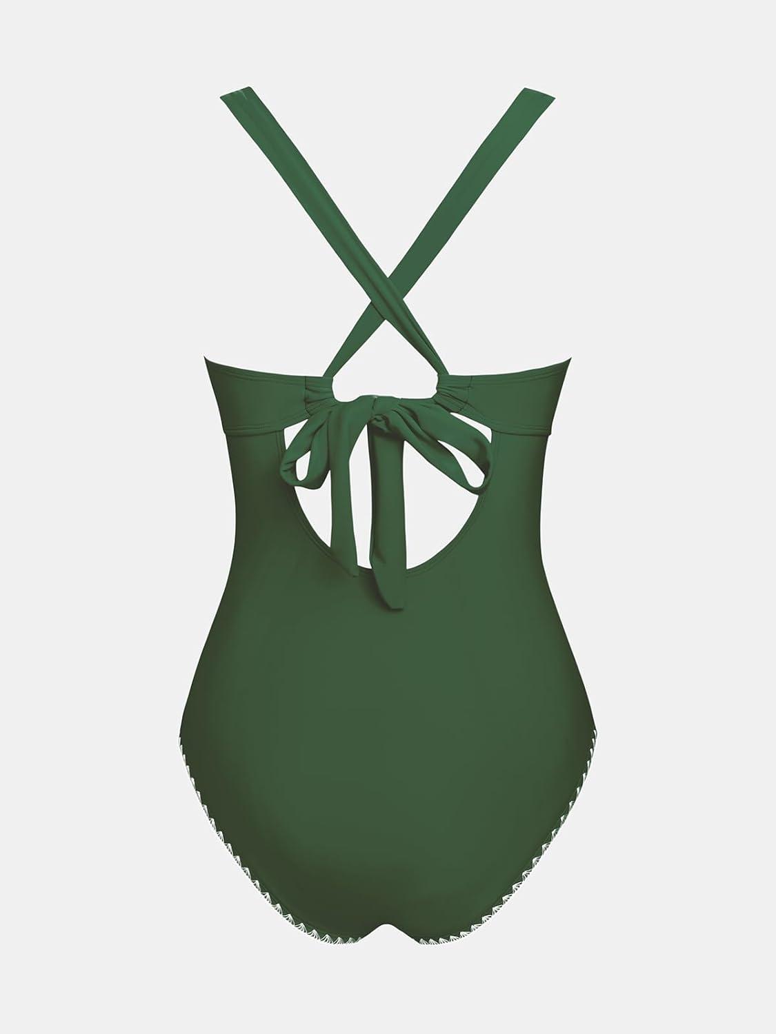 imageCUPSHE Womens One Piece Swimsuit V Neck Shell Stitched Bathing Suit Adjustable Crisscross Strappy Ruched SwimwearGreen
