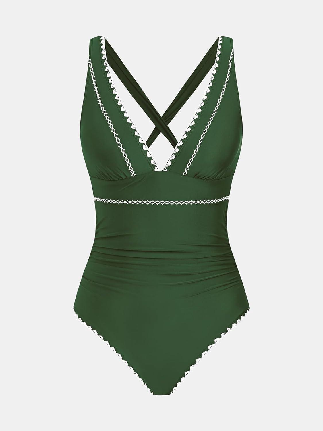 imageCUPSHE Womens One Piece Swimsuit V Neck Shell Stitched Bathing Suit Adjustable Crisscross Strappy Ruched SwimwearGreen